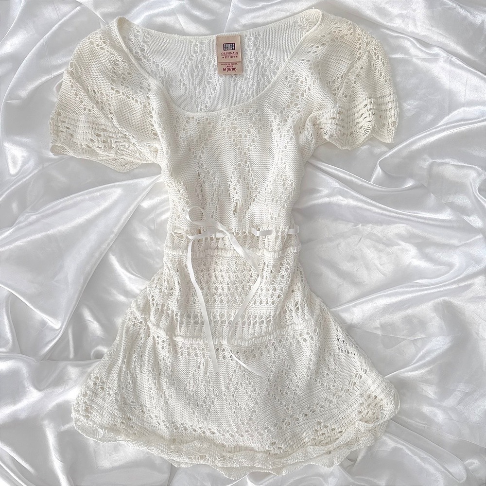 Faded Glory Originals White Crochet Knit Ribbon Tie Top Size M 8/10 Arctic White